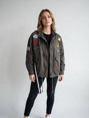 Scripted XS Olive Green Y2K Patchwork Utility Jacket – Edgy Streetwear Grunge